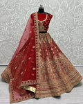 Red velvet wedding lehenga choli with multi-thread embroidery and zircon diamond accents