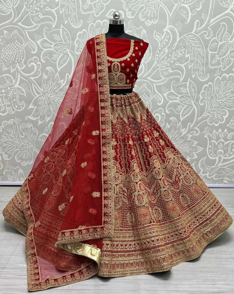 Red velvet wedding lehenga choli with multi-thread embroidery and zircon diamond accents