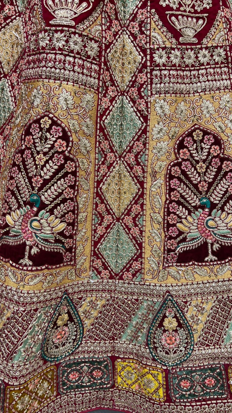 Rani Pink Velvet Wedding Lehenga Choli with Dori and Zari Embroidery