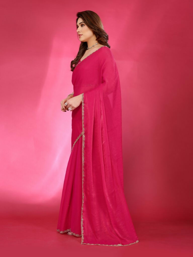 Pink Jimmy Choo Fabric Saree with Elegant Work Lace Border
