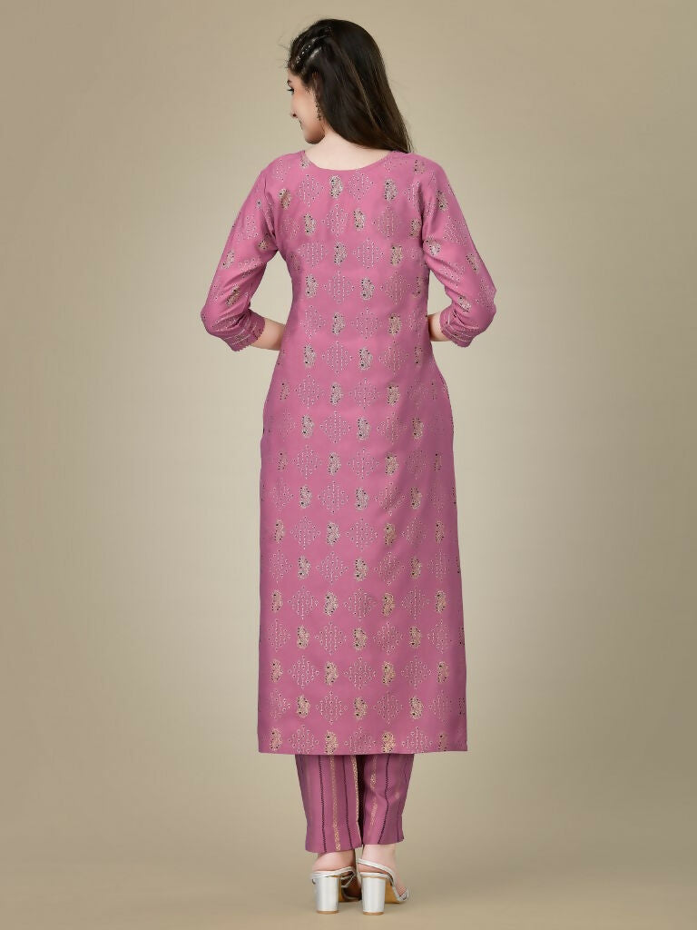 Women's Purple Embroidered Straight Kurta Pant Set