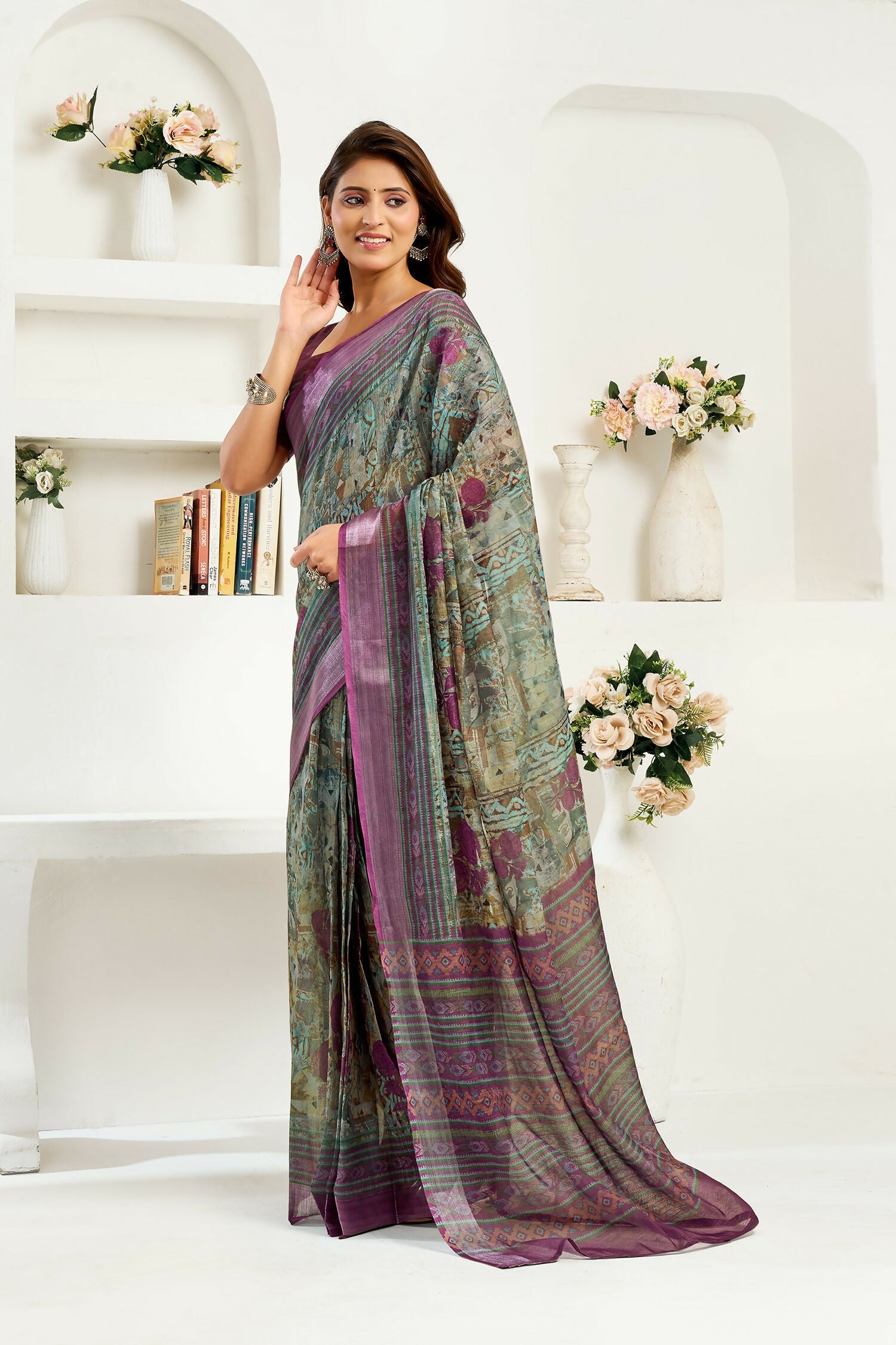 Multicoloured Ikkat and Floral Print Linen Ready To Wear Saree