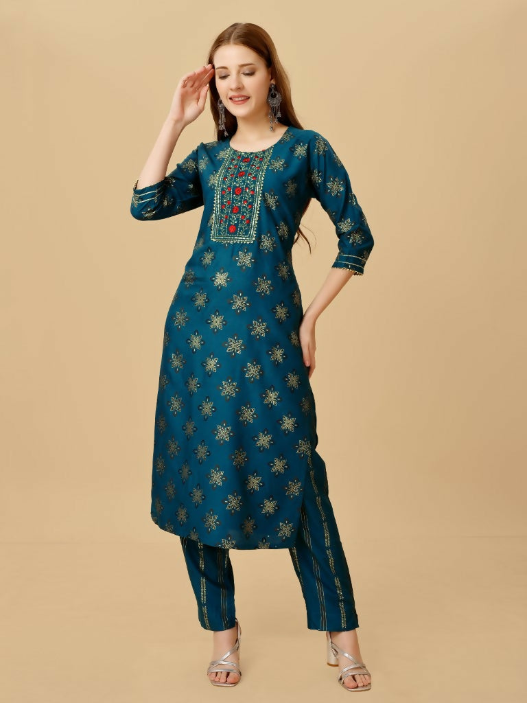 Women wearing a Navy Blue straight-cut embroidered kurta and matching pants