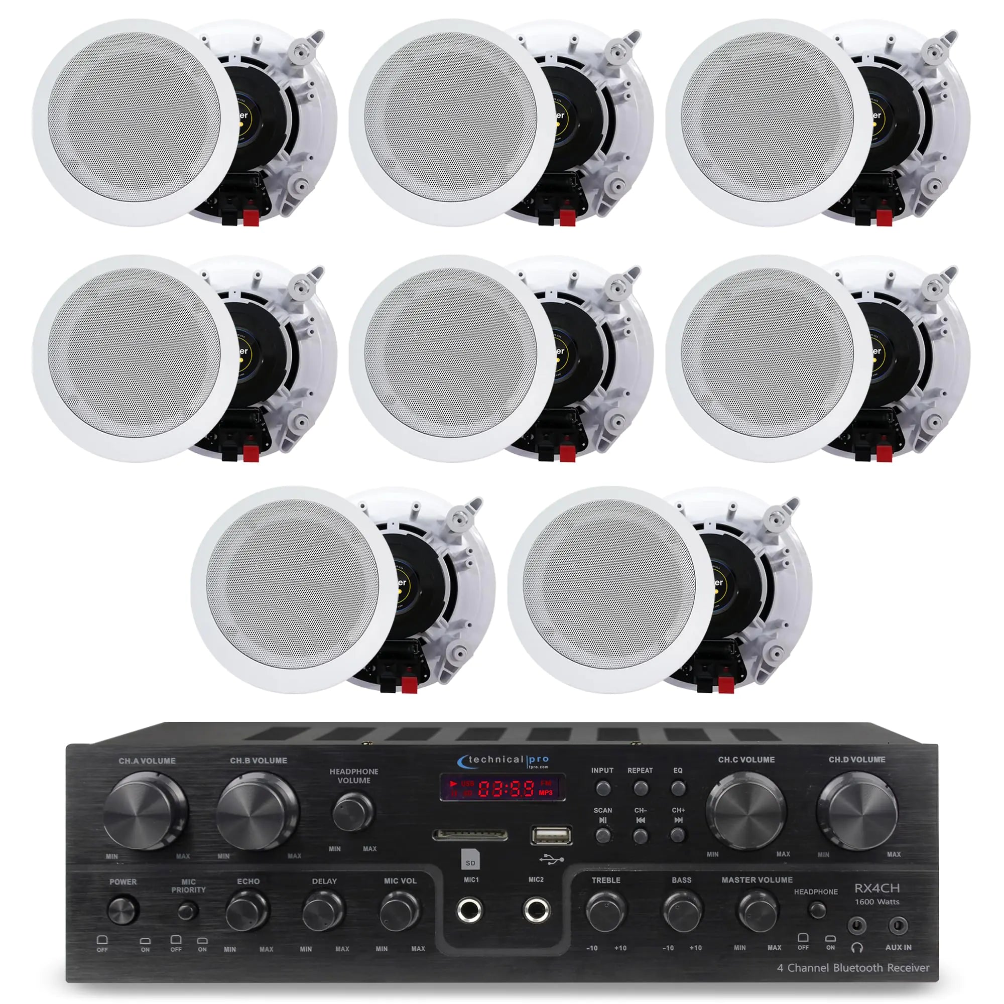Home Theater System Kit with 1000 Watts 4-Chanel Bluetooth Receiver & 8 Qty 6.5" 200 Watts in-Wall in-Ceiling Speakers of 2-Way Stereo Sound with Woofer/Tweeter Flush Design by Technical Pro