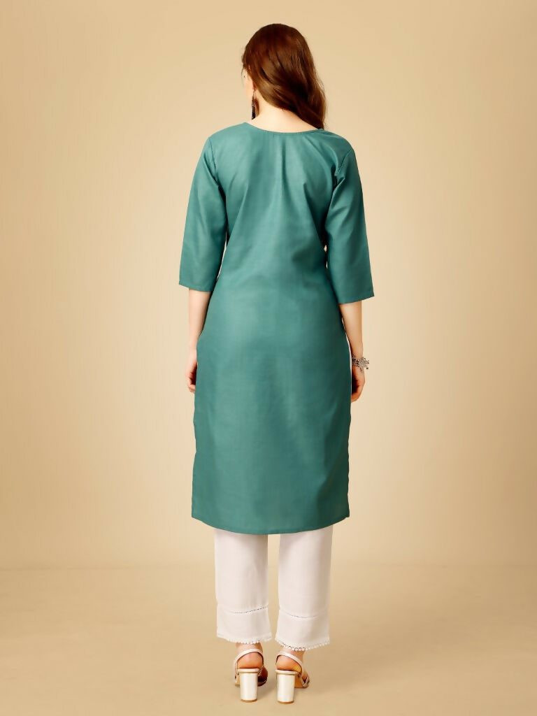 Teal Cotton Blend Embroidered Kurta Pant Set with Sequence Work