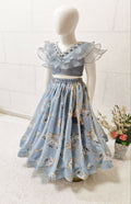 Beautiful grey faux georgette lehenga choli for girls with fancy latkan work and digital prints