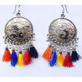 Multi-colored silk thread tassel earrings with an oxidized silver Chandbali frame.
