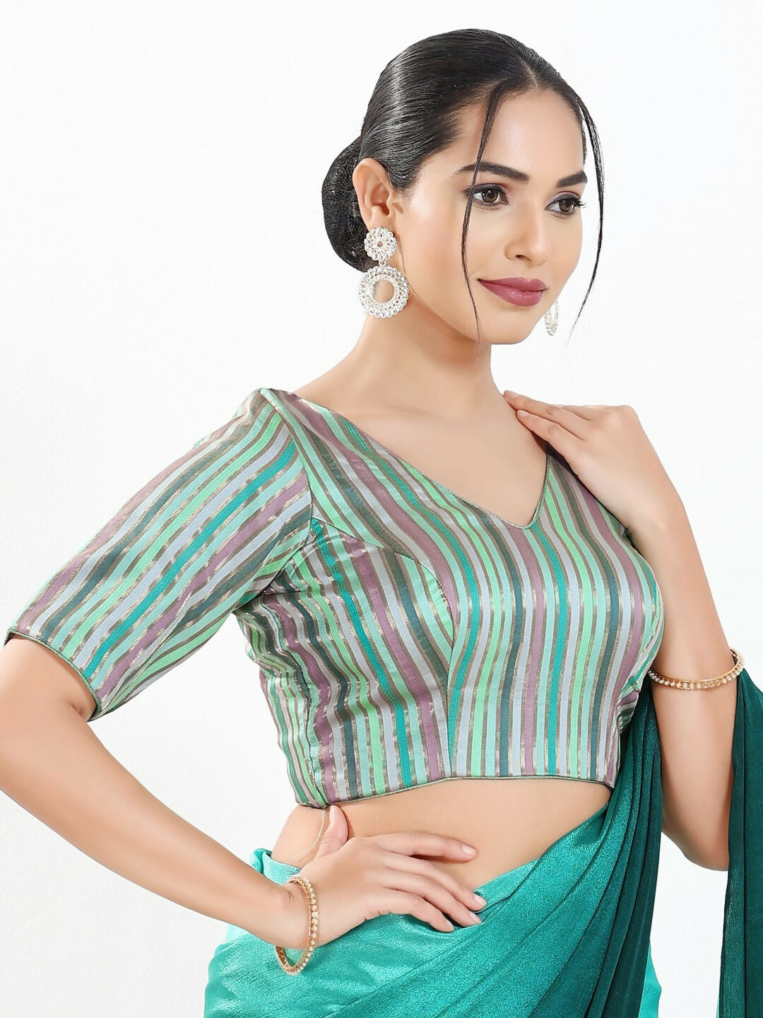 Pista Multi Striped Brocade Padded Blouse with V-Neck