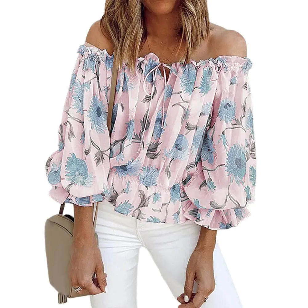 Women's Floral Off-Shoulder Chiffon Long Sleeve Blouse - Image 20
