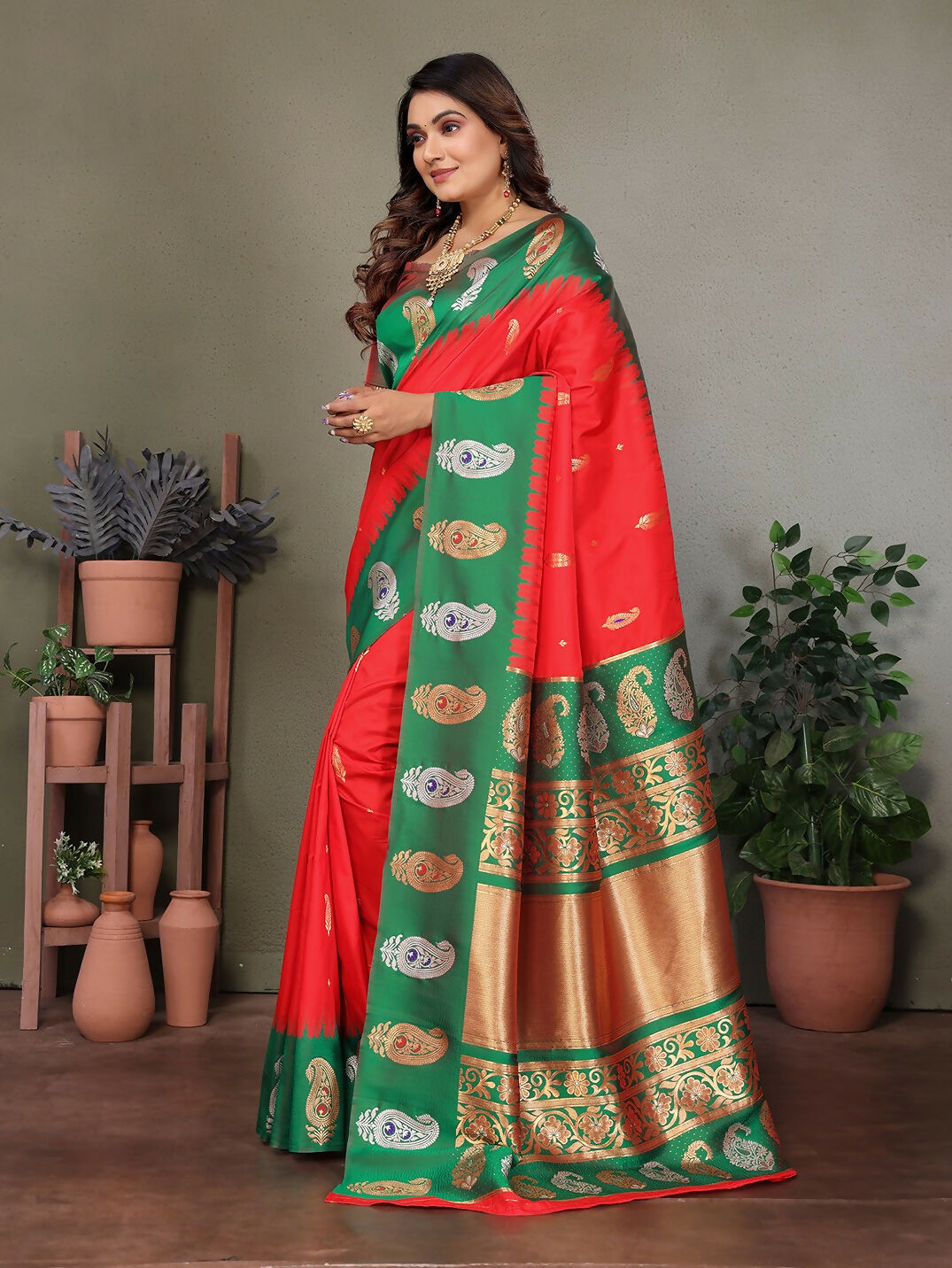 Red Banarasi Butti Soft Silk Saree with Woven Details