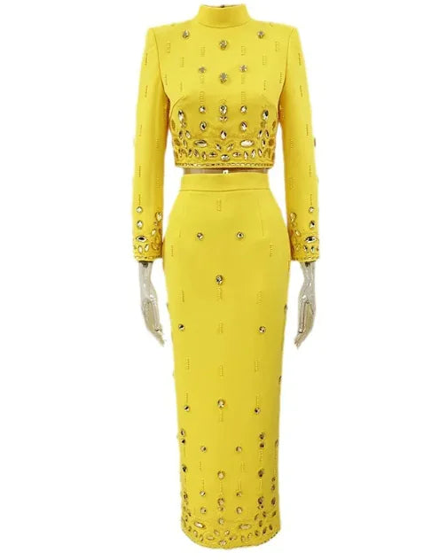 Elegant Rhinestone Long Skirt Set