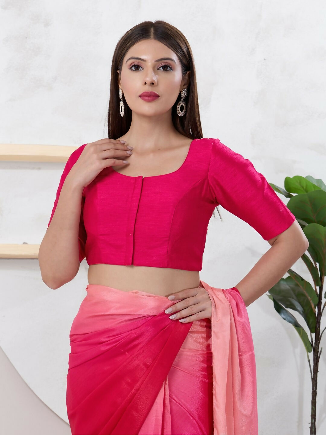 Tomato-Pink Dupion Silk front open blouse with elbow length sleeves