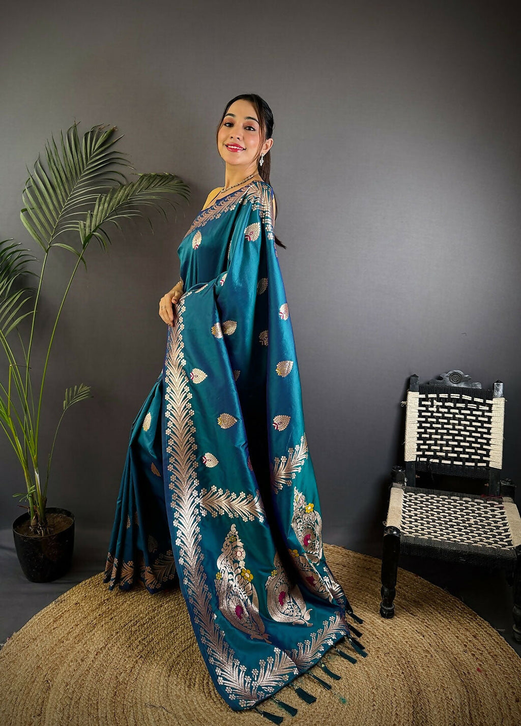 Sea Blue Banarasi Woven Soft Silk Saree with Blouse Piece