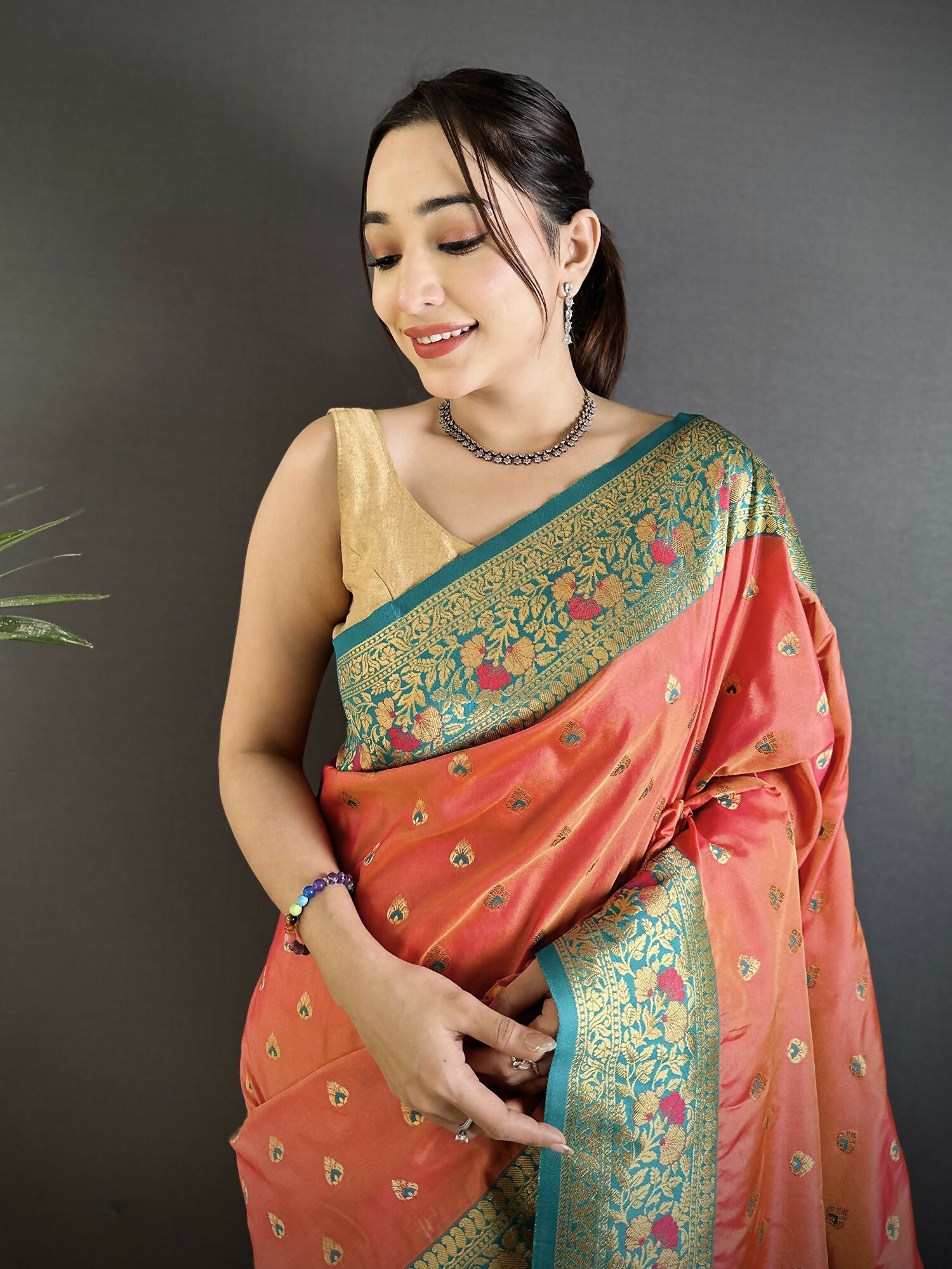 Coral Pink Soft Silk Banarasi Saree with Intricate Motifs