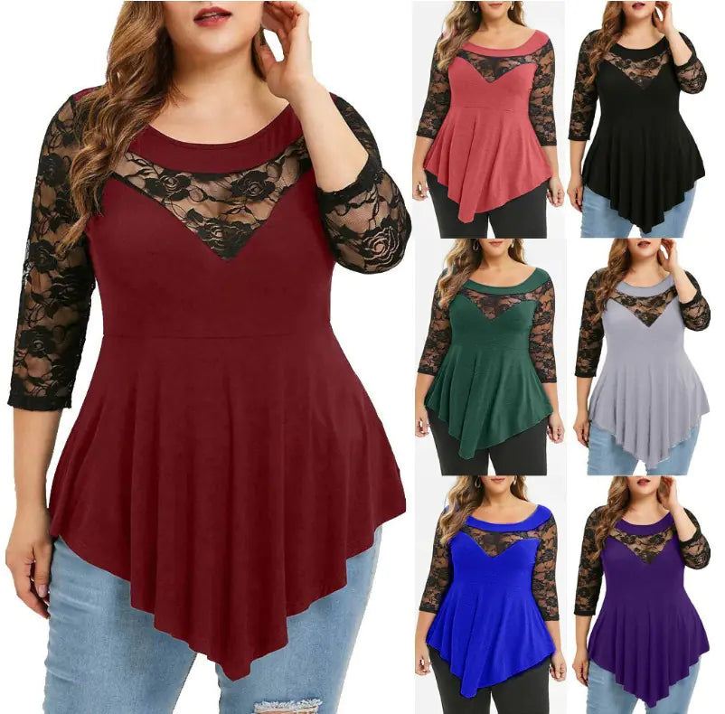 Spring Plus Size Floral Lace Top with Sheer Hem