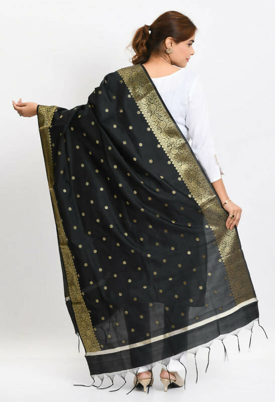 Women's Black Banarsi Silk Woven Dupatta with Gold Accents