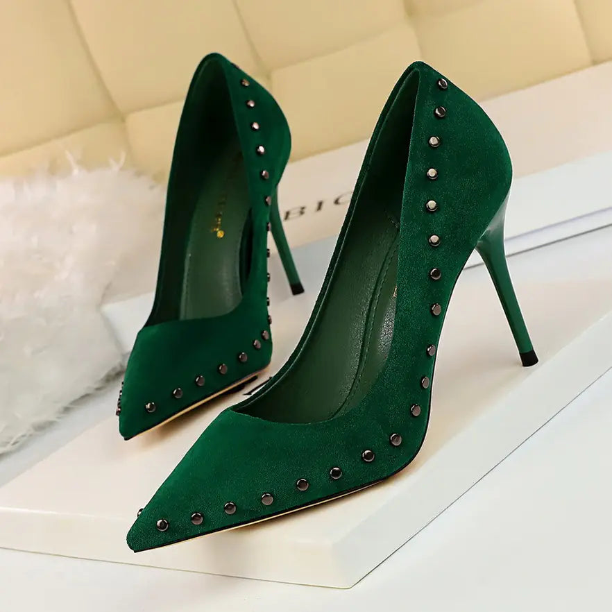 Women's Suede High Heels - Pointed Toe Studs