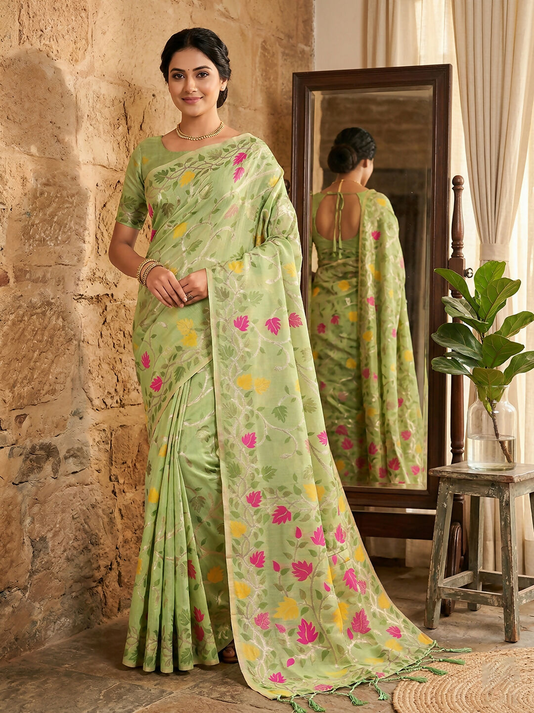 Green linen cotton saree, versatile ethnic wear with natural texture
