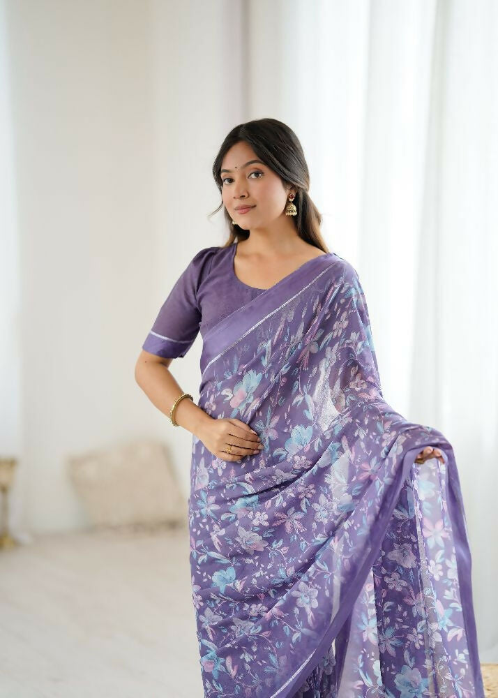 Lavender Bright Moss Satin Patta Printed Saree and Blouse