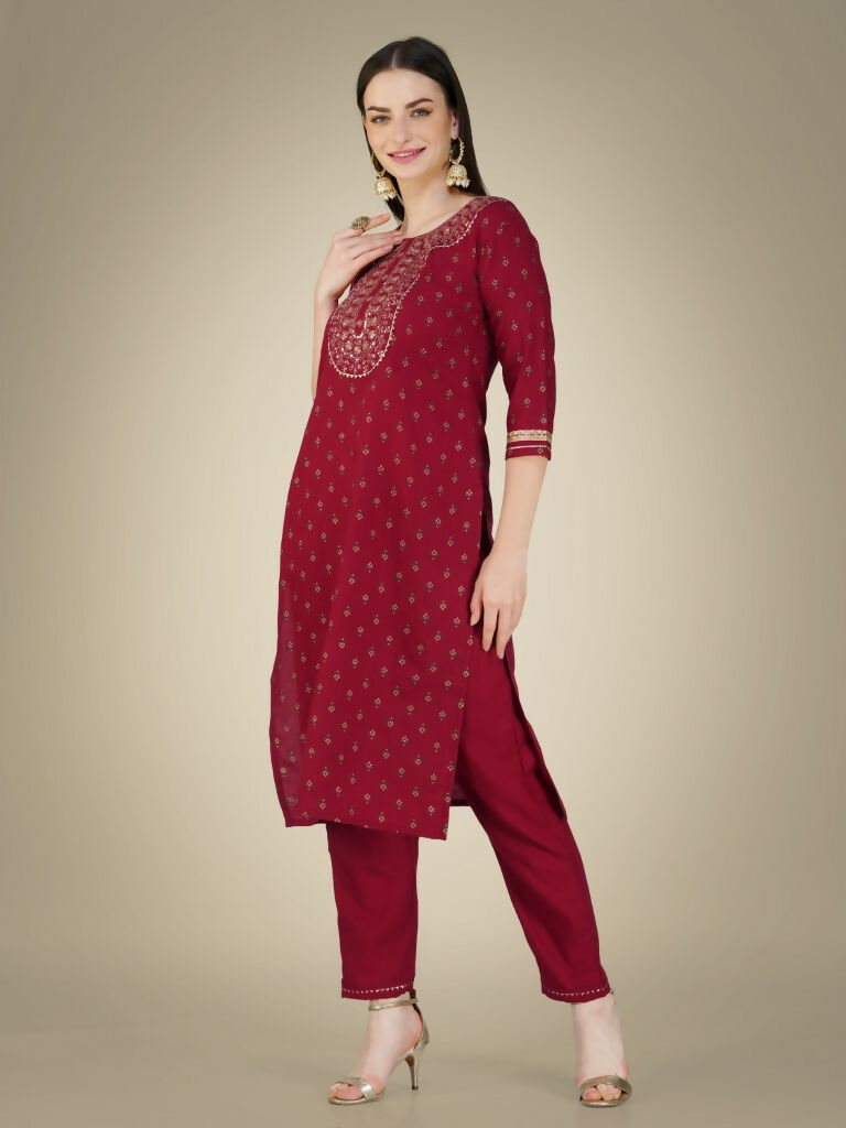 Women's Maroon Cotton Magic Slub Kurta Set with Embroidery & Sequence