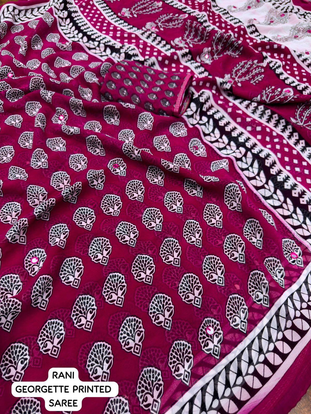 Rani Poly Georgette Ajrak Saree with Unstitched Blouse Piece