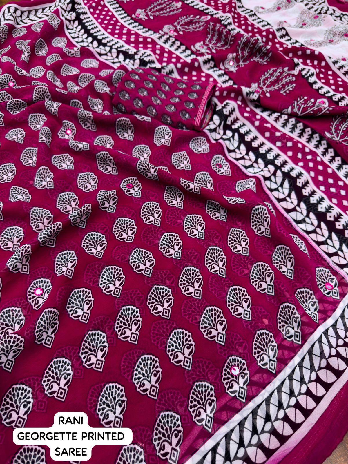 Rani Poly Georgette Ajrak Saree with Unstitched Blouse Piece