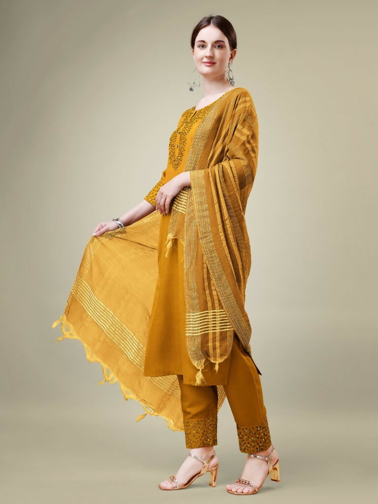 Jyoti Fashion Women's Mustard Cotton Blend Embroidery & Sequence work Kurta with Trouser & Dupatta