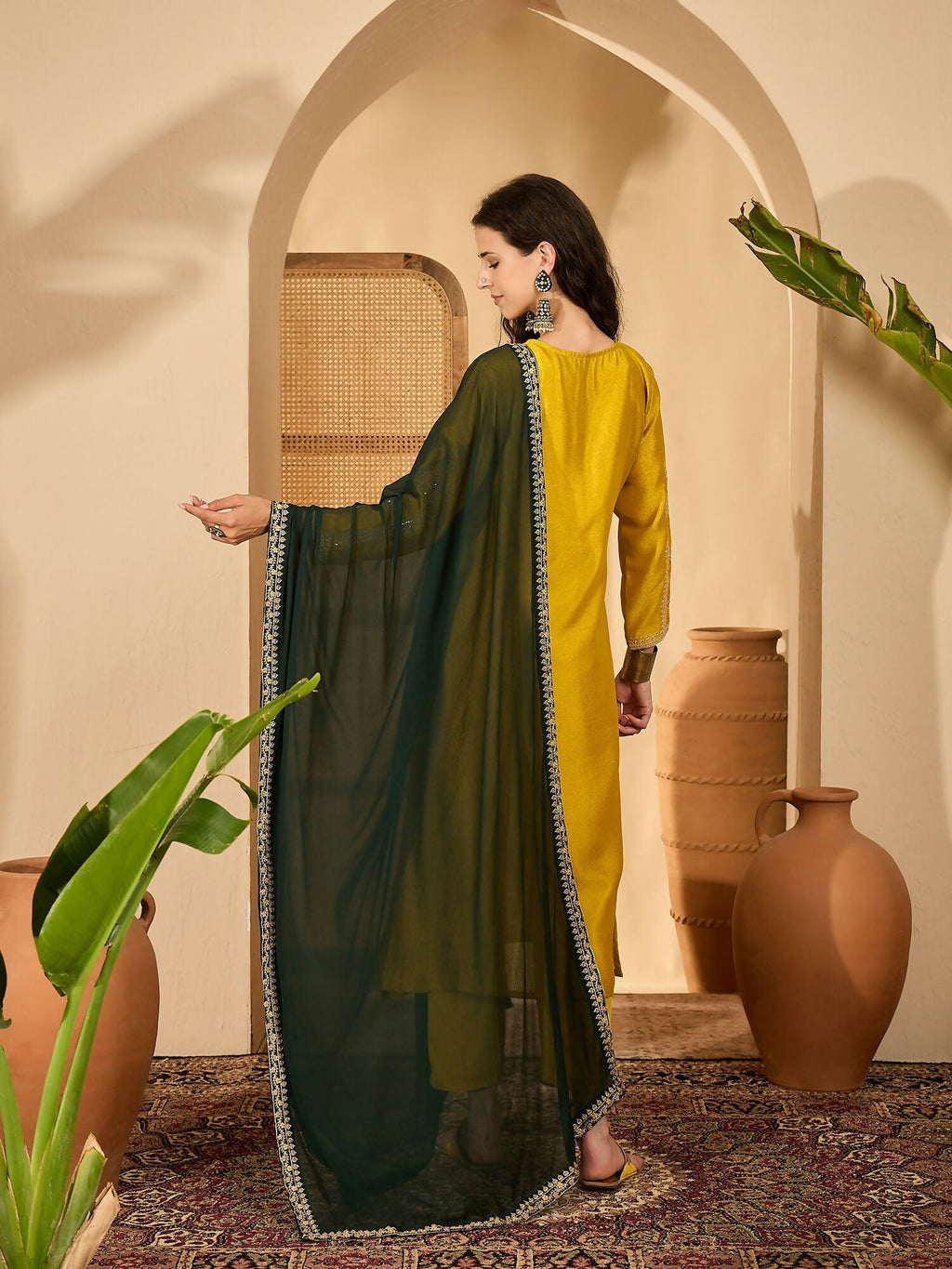 Mustard Vichitra Silk Kurta Set with Embroidery