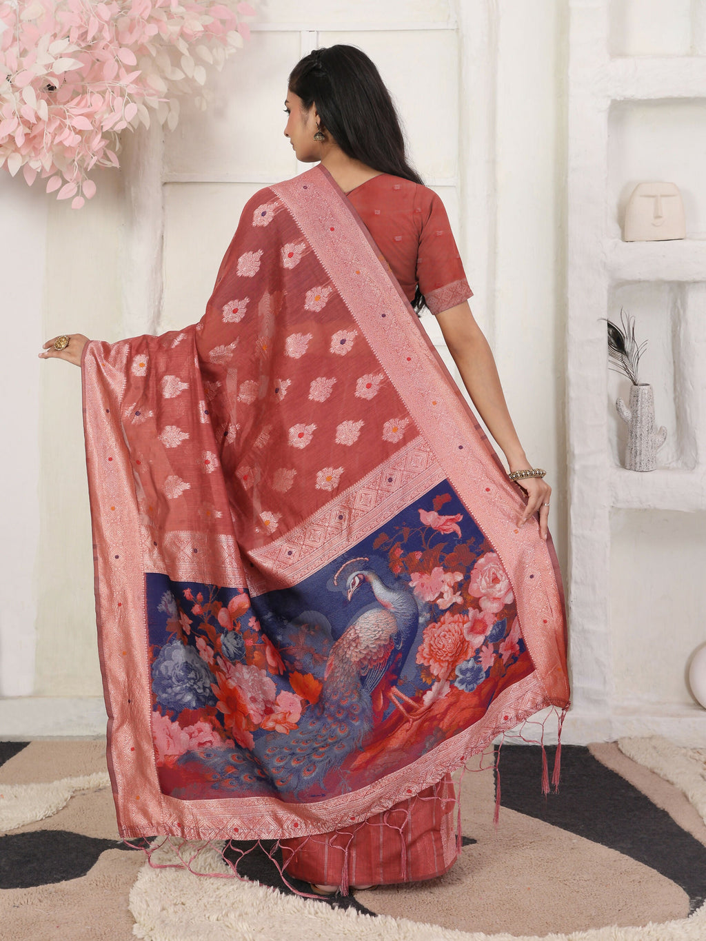 Rust Linen Cotton Saree with Matching Blouse