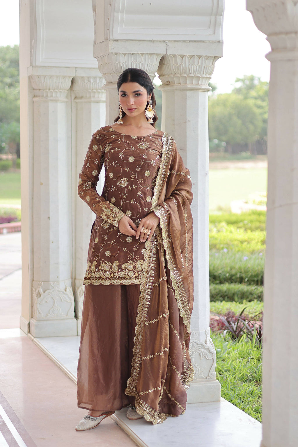 Coffee silk kurta set with intricate sequence embroidery work