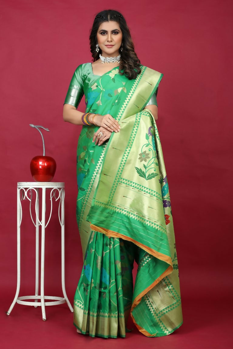 Elegant green Paithani silk saree with intricate Zari work and matching blouse