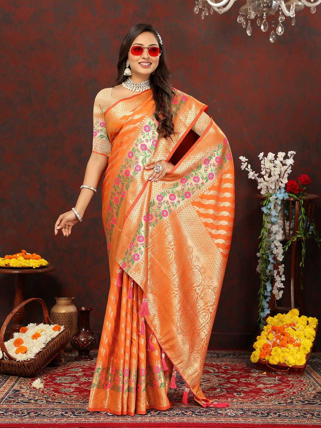 Orange Soft Cotton Leheriya Saree with Elegant Zari Woven Design