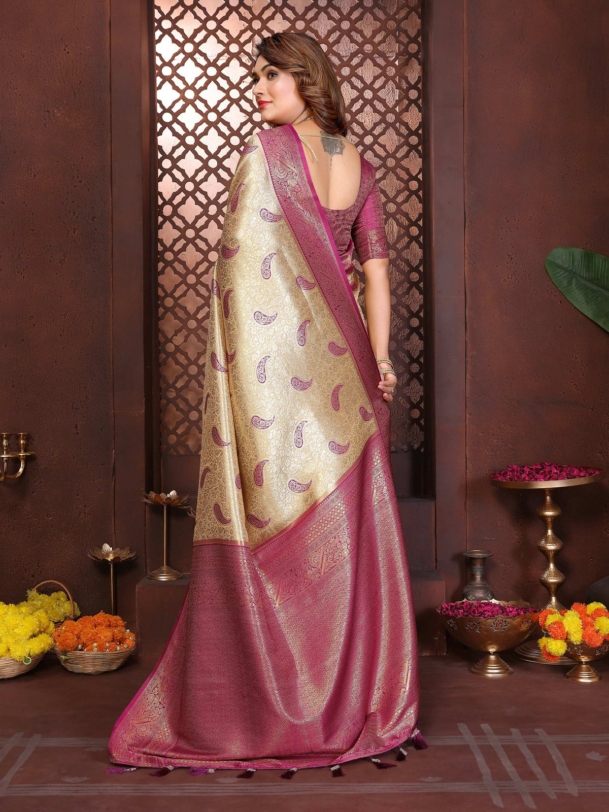 Mustard Tissue Silk Saree with Traditional Weaving