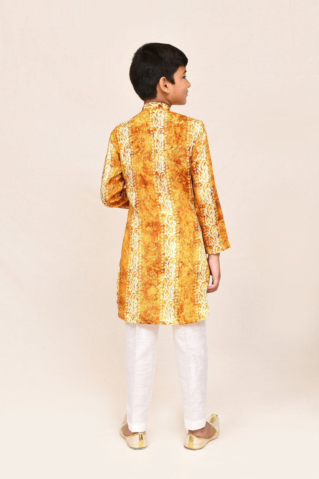 Kids Silk Mustard Kurta with White Straight Fit Pants
