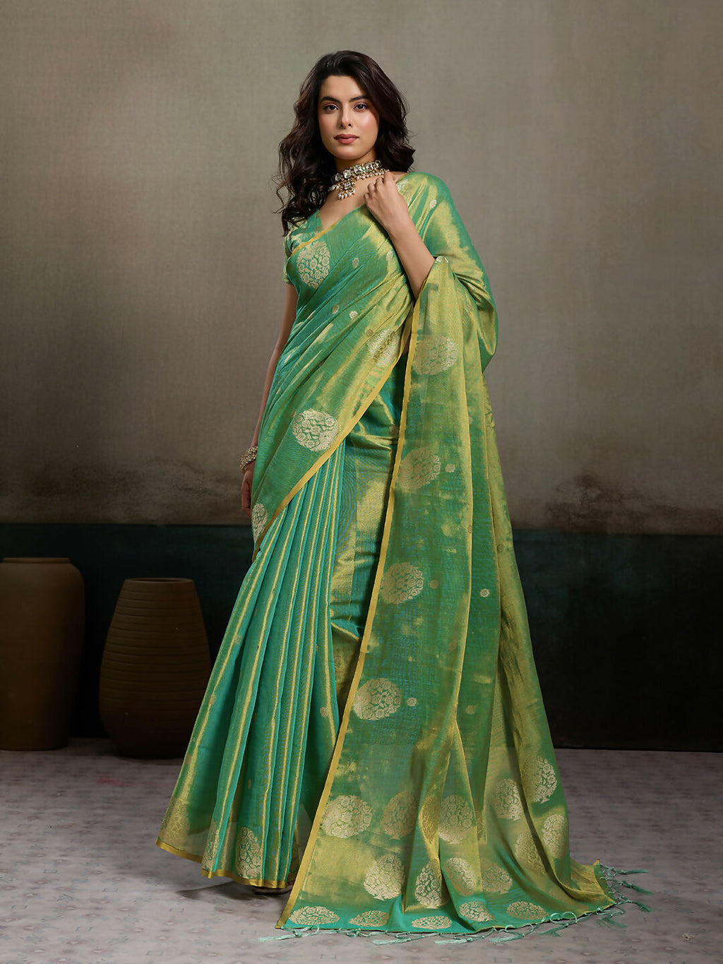 Green Tissue Silk Saree with Matching Elegant Blouse