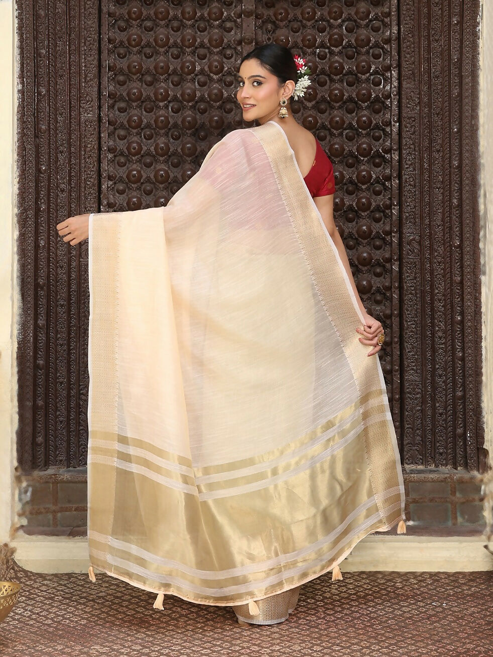 Peach Cotton Saree with Red Contrast Blouse