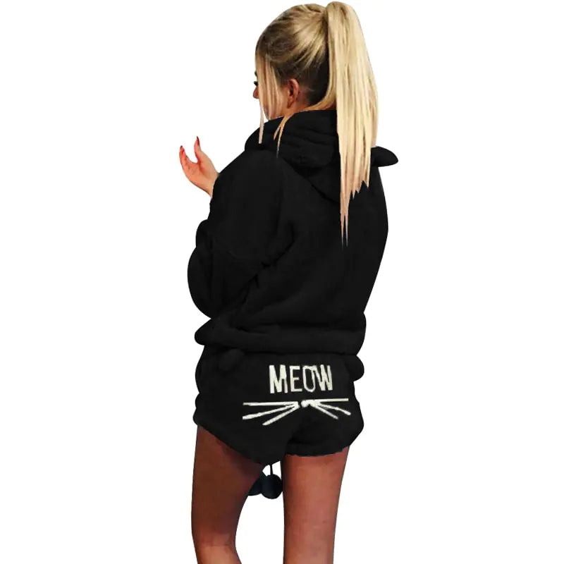 Meow Plush Hoodie Pajama Short Set