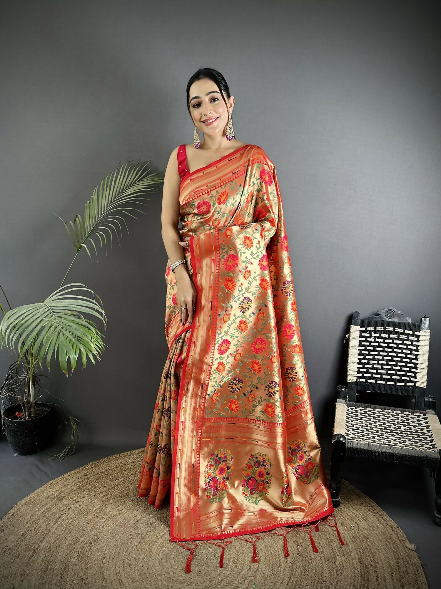 Light orange soft silk Paithani saree with multi-colored floral patterns