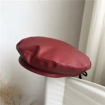 Large Black PU Leather Beret Hat for Painters