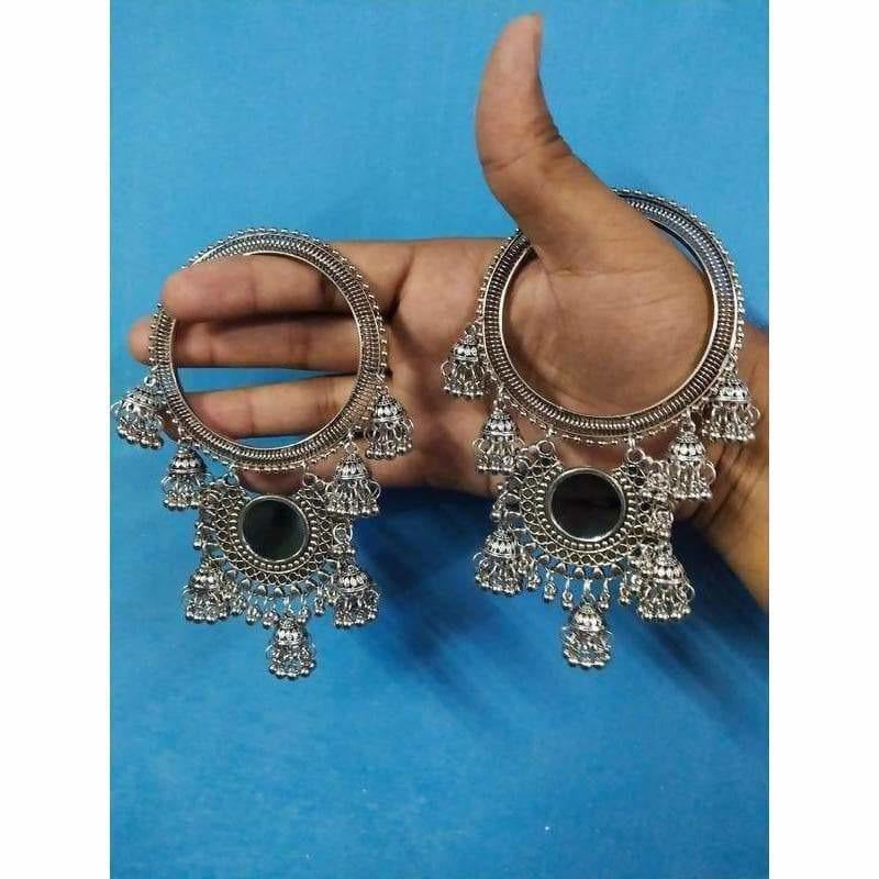 Silver latkan bangle featuring mirror accents, pearls, and dangling jhumka charms