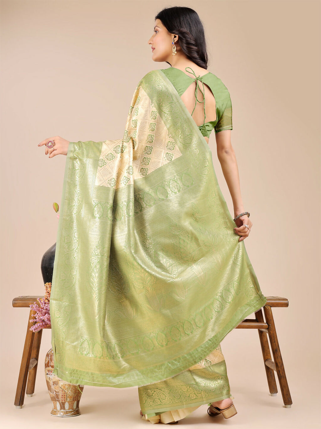 Cream and Light Green Banarasi Silk Saree - Traditional Draping