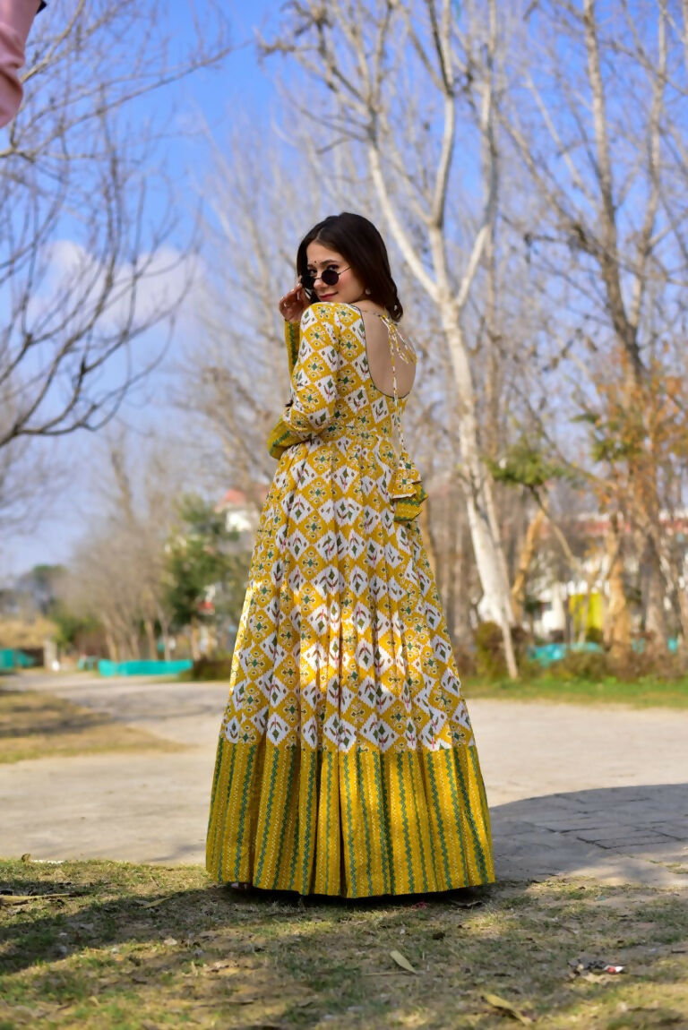 Mustard Heavy Digital Printed Cotton Silk Anarkali Maxi Dress