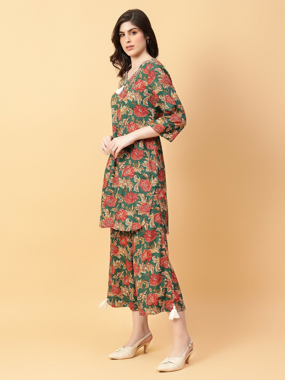Green Printed Cotton Co-ord Set with Hand Work Detail