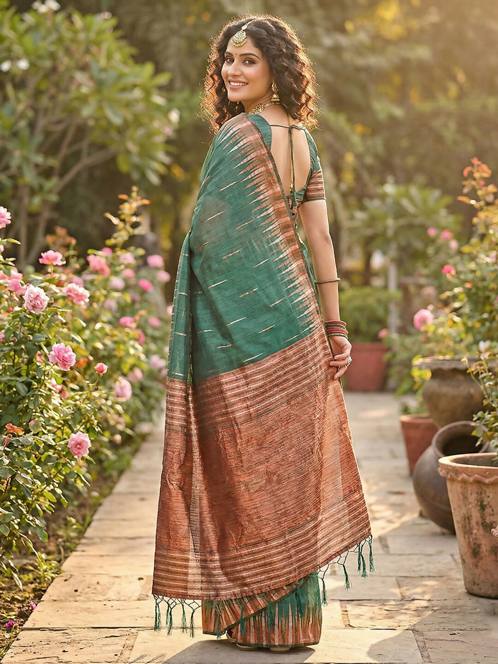 Green Linen Cotton Saree with Matching Blouse Piece