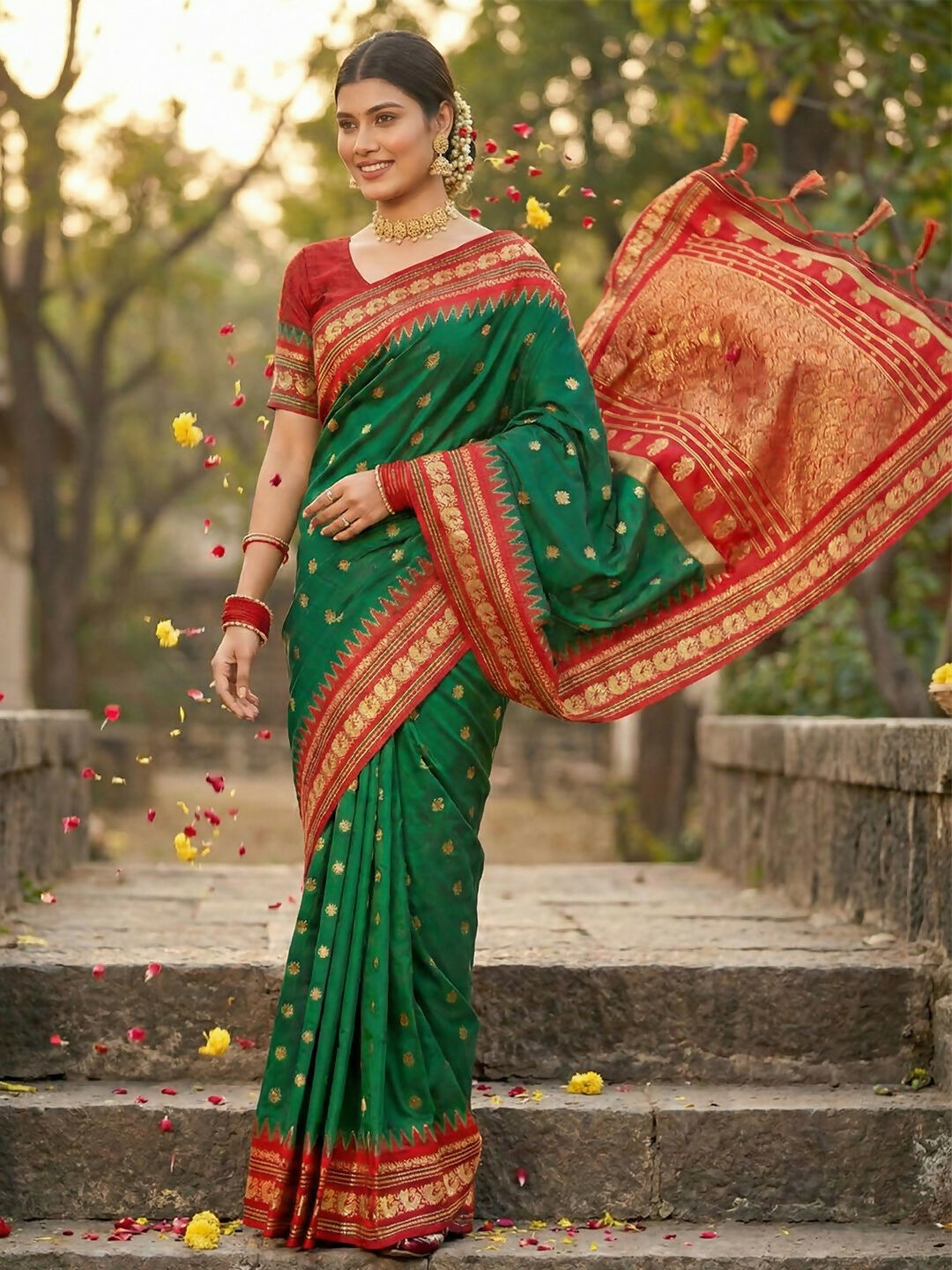 Green Soft Silk Saree with Matching Blouse