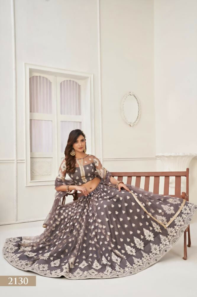 Space Gray Butterfly Net Lehenga Choli with Thread Embroidery