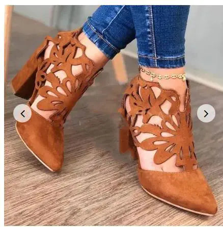 Women's Floral Cutout Thick Heel Sandals Pointed Toe Shoes - Image 13