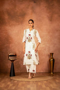Off white kurta with red floral hand block print and matching pants