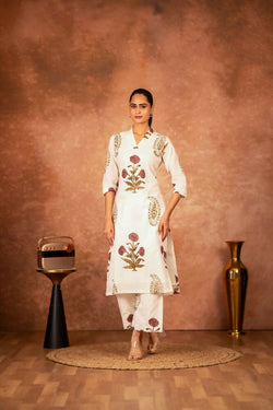 Off white kurta with red floral hand block print and matching pants