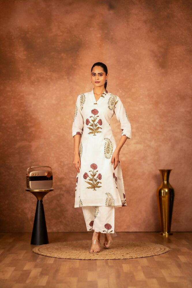 Off white kurta with red floral hand block print and matching pants
